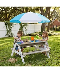 Yobtop Wooden 3-in-1 Sand and Water Picnic Table with Umbrella, Seats 4, Ages 3-8