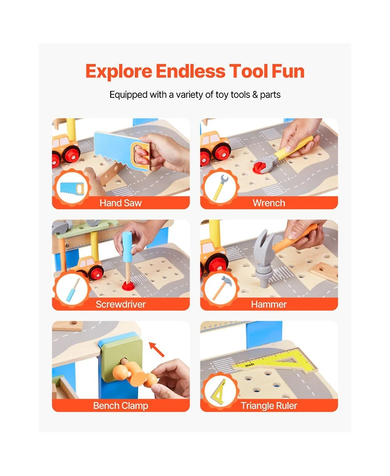 Yobtop Road-Themed Wooden 7-Piece Tool Workbench, Ages 3+