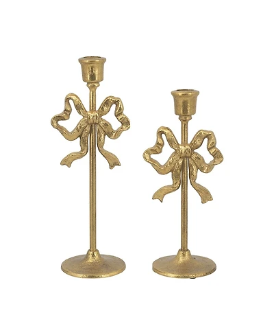Yobtop Set of 2 Cast Iron Candle Holders - Vintage European Bow Design, Pedestal Base Candlestick, Decorative Home Accent