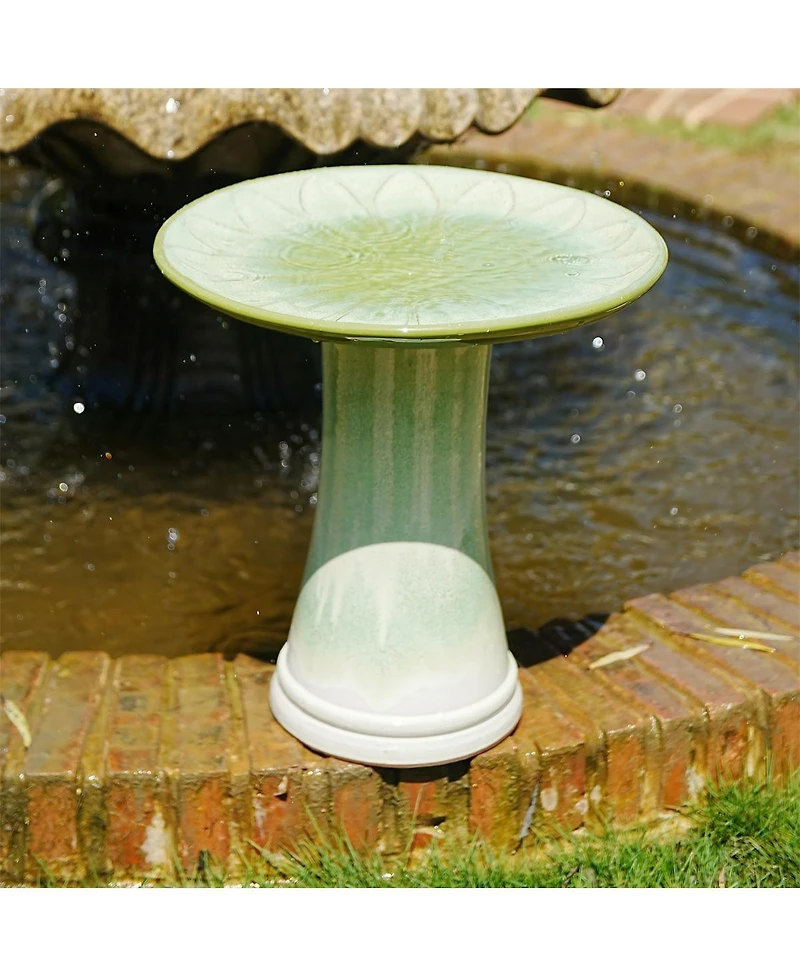 Yobtop Handmade Glazed Ceramic Bird Bath, Daisy Petal Embossed Tray, Pedestal Base, Ombre Gradient Glaze, Outdoor Bird Feeder for Patio and Backyard