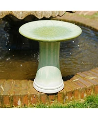 Yobtop Handmade Glazed Ceramic Bird Bath, Daisy Petal Embossed Tray, Pedestal Base, Ombre Gradient Glaze, Outdoor Bird Feeder for Patio and Backyard