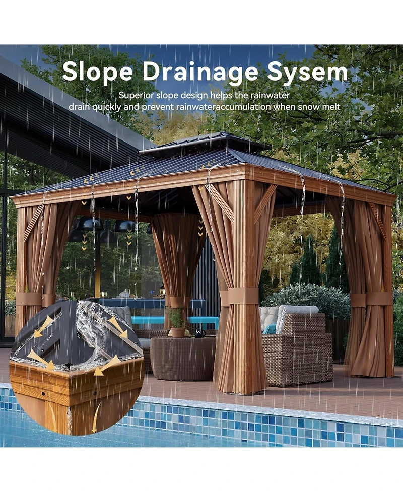 Aoxun 10'x12' Hardtop Aluminum Gazebo, Double Galvanized Steel Roof Pavilion with Drainage System and Netting
