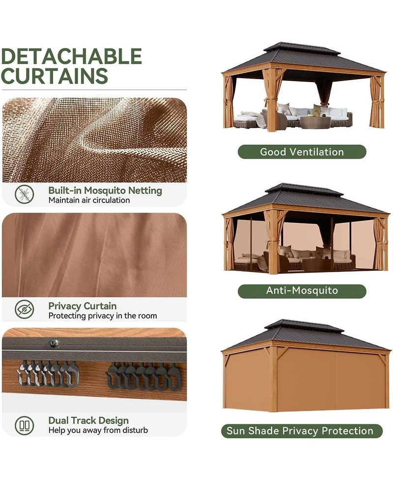 Aoxun 12'x16' Hardtop Gazebo, Wooden Finish Aluminum Pavilion with Double Steel Roof, Curtains and Netting
