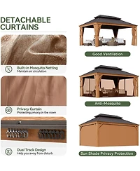 Aoxun 12'x16' Hardtop Gazebo, Wooden Finish Aluminum Pavilion with Double Steel Roof, Curtains and Netting