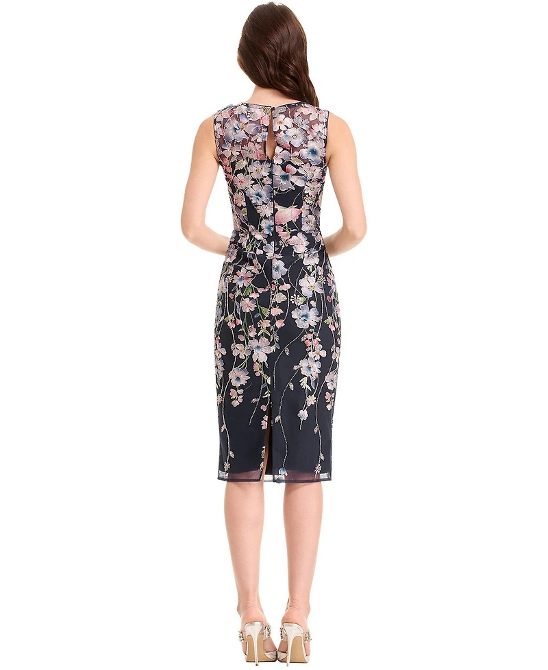 Dress The Population Women's Claudette Sleeveless Floral Embroidered Sheath Midi Dress