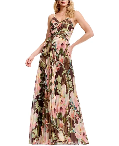 Dress The Population Women's Floral Pleated V-Neck Gown