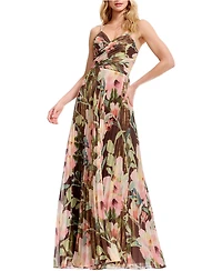 Dress The Population Women's Floral Pleated V-Neck Gown