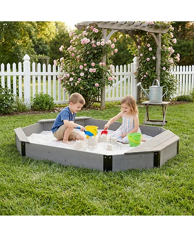 Yobtop Octagon Solid Wood Sandbox with Bench Seats and Storage, Includes Cover and Liner, Ages 3-8