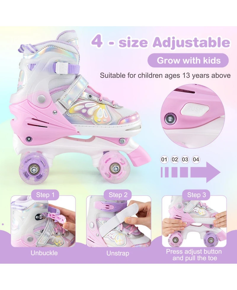 Sugift Teen Roller Skates 4-Size Adjustable with Motion Light-Up Wheels and Reinforced Brake Ages 13 and Up