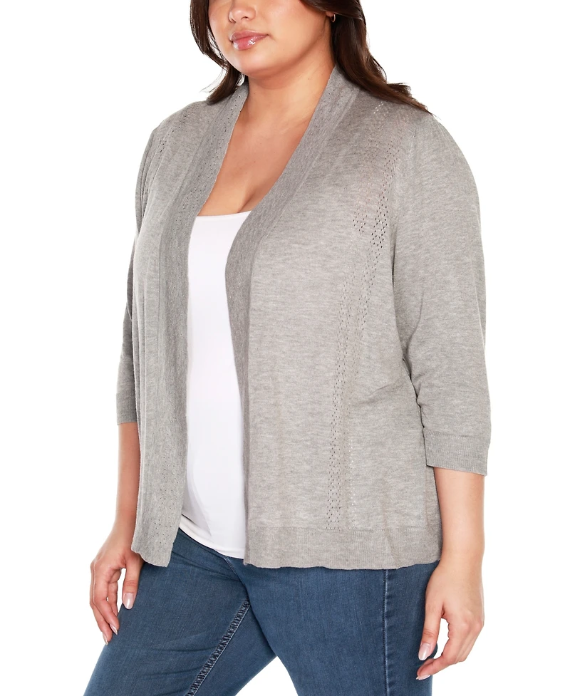 Belldini Plus Pointelle 3/4-Sleeve Open-Front Blend Cardigan