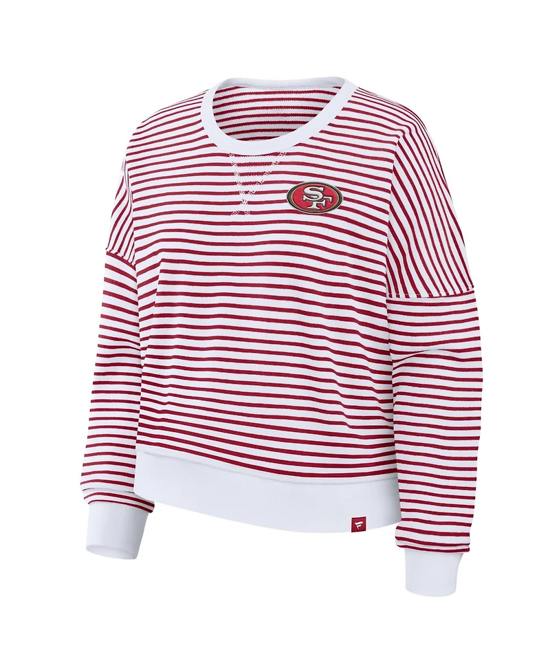 Fanatics Women's White/Scarlet San Francisco 49ers Striped Oversized French Terry Sweatshirt