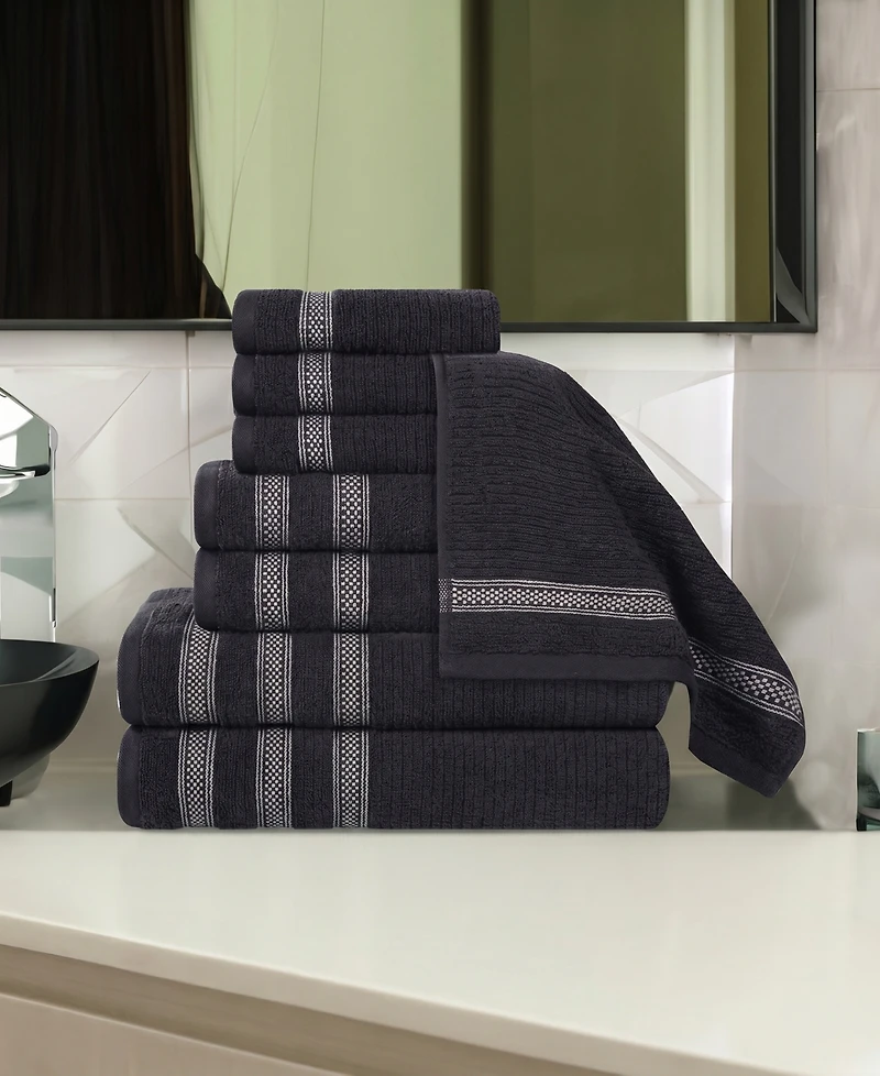 Superior Brea Zero Twist Cotton Ribbed Geometric Border Plush Soft Absorbent -Piece Towel Set