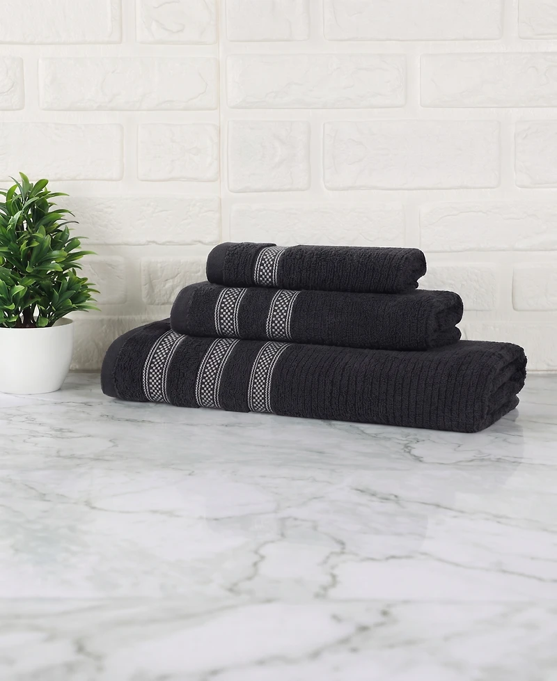 Superior Brea Zero Twist Cotton Ribbed Geometric Border Plush Soft Absorbent -Piece Towel Set