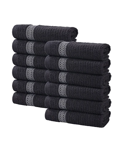 Superior Brea Zero Twist Cotton Ribbed Geometric Border Plush Soft Absorbent 12-Piece Washcloth Set