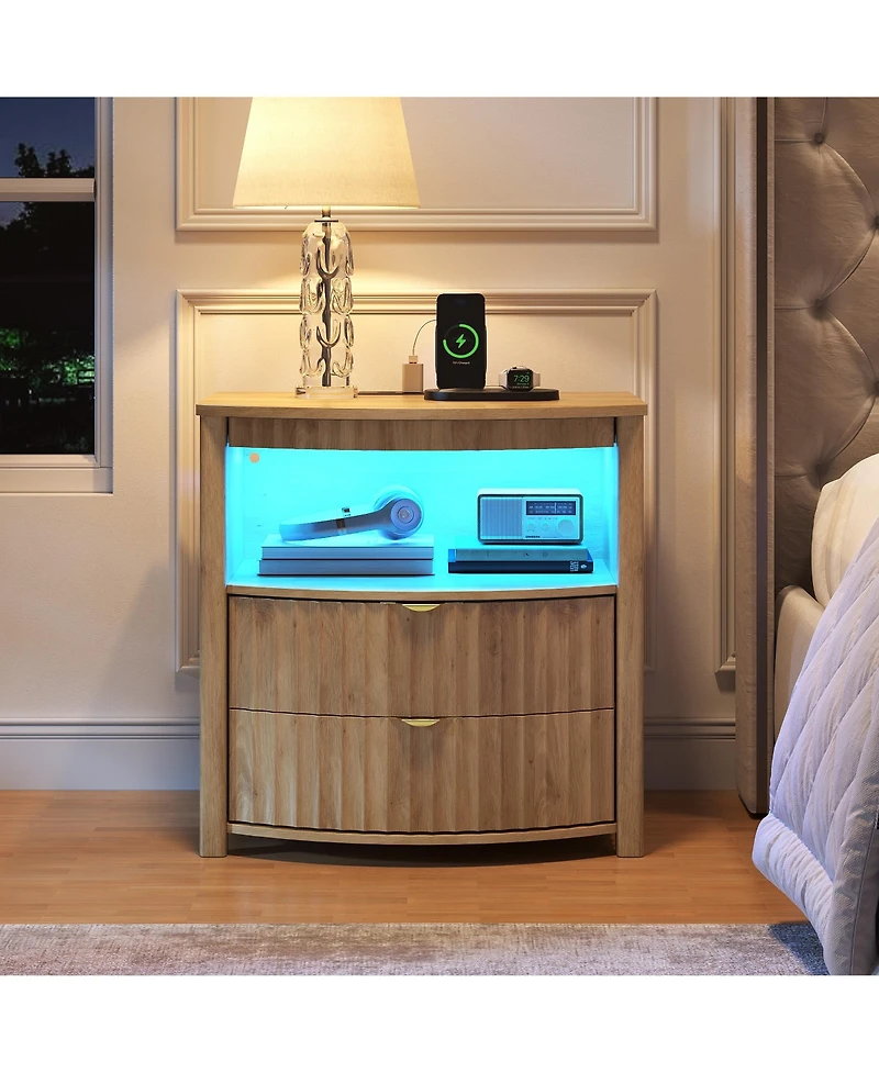 Vlsrka Modern Nightstand With Human Sensor Light, Charging Station, Lockable Drawer