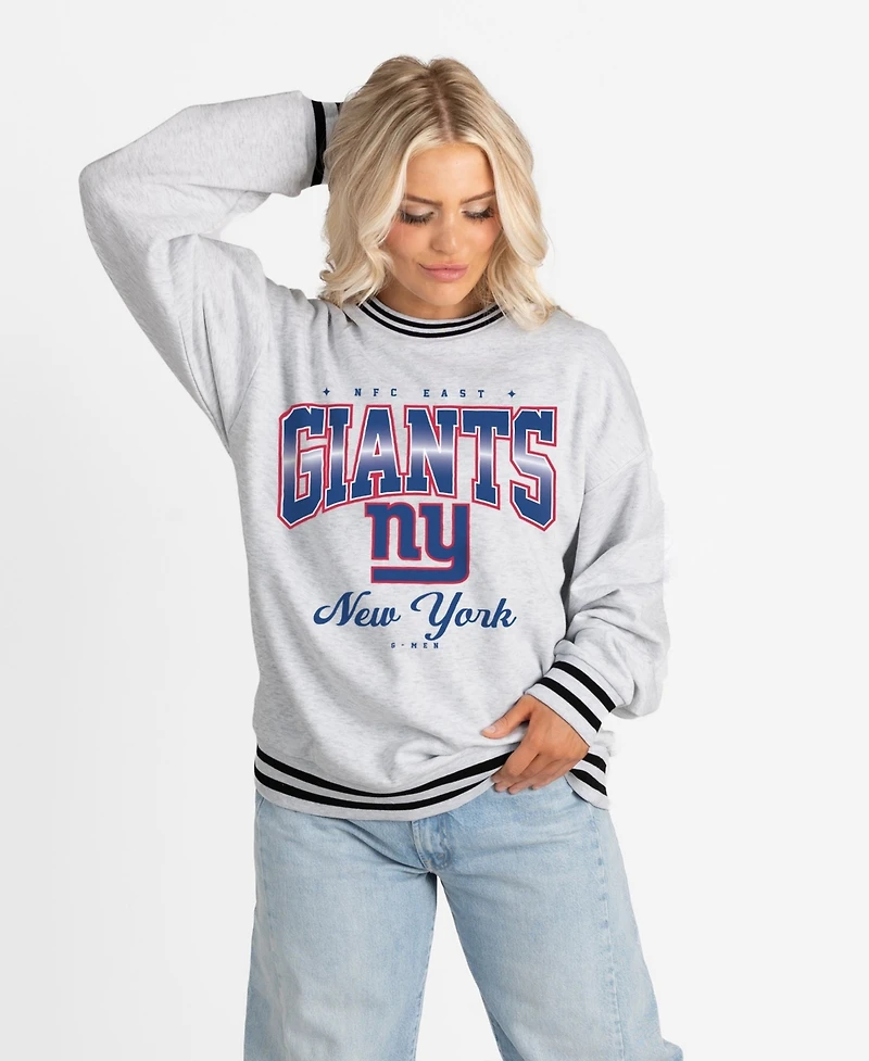 Gameday Couture Women's Ash/Black New York Giants Oversized Gridiron Drive Ringer Stripe Sweatshirt