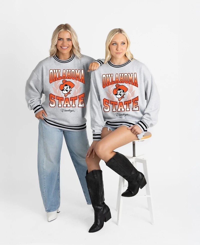 Gameday Couture Women's Ash Oklahoma State Cowboys Oversized Fade Route Ringer Stripe Sweatshirt