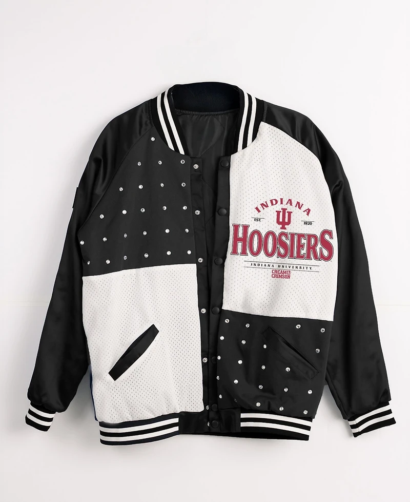 Gameday Couture Women's Black Indiana Hoosiers Oversized Inner Drive Varsity Rhinestone Full-Snap Bomber Jacket