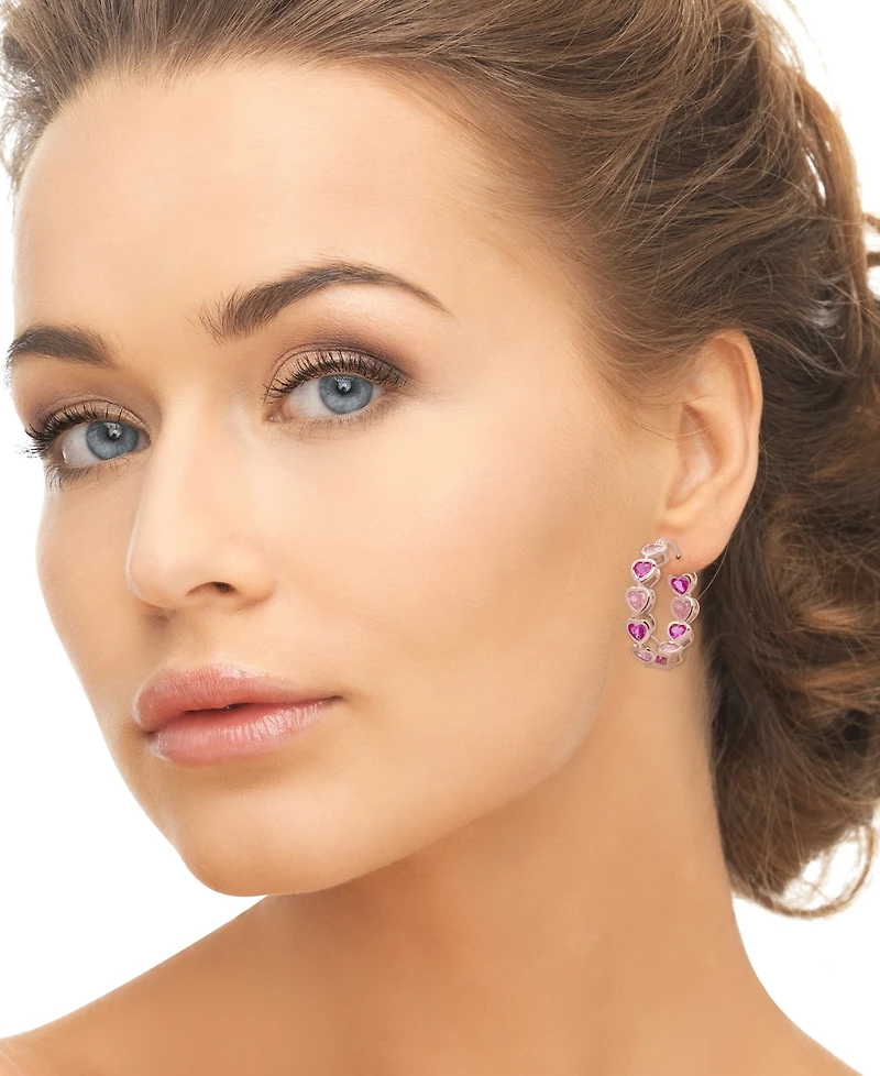 Macy's Simulated Ruby and Pink Cubic Zirconia Bezel Heart Hoop Earrings