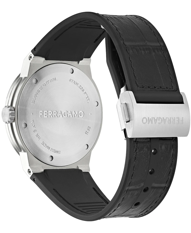 Ferragamo Men's Silver Stainless Steel Leather Strap Gmt Watch 41mm