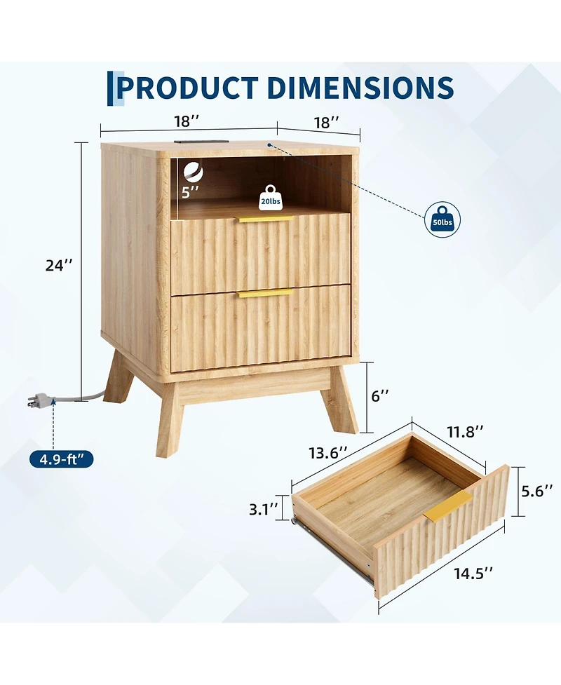 gaomon Set of 2 Modern 2 Drawer Wave Fluted Nightstands