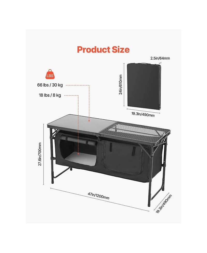 Sugift Folding Aluminum Camping Kitchen Table with 3 Adjustable Heights Windscreen and Storage