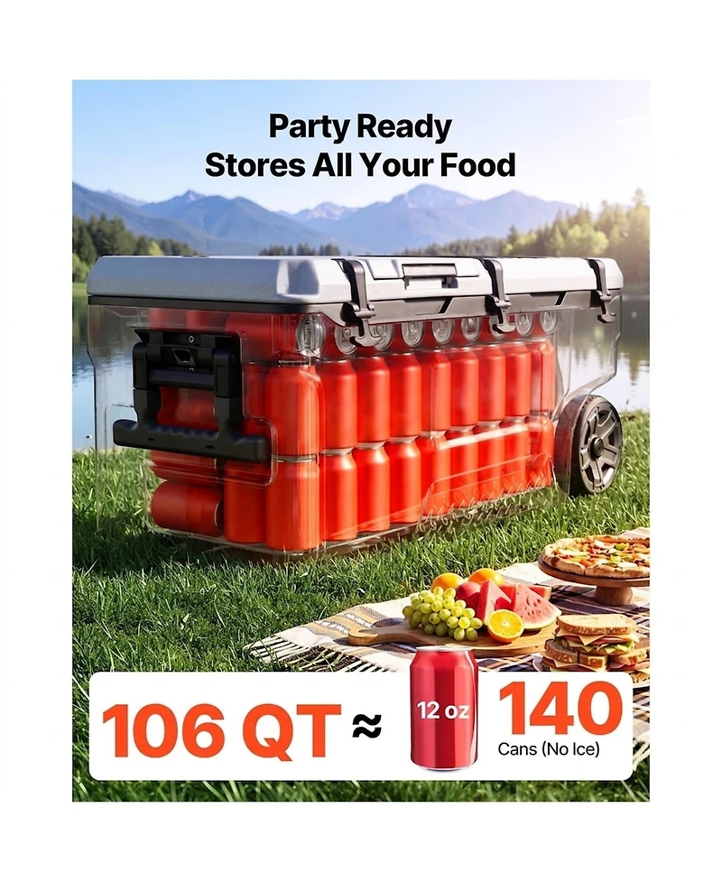 Sugift 106 Qt Rolling Hard Cooler with Wheels 48 Hour Ice Retention and Leak-Resistant Seal