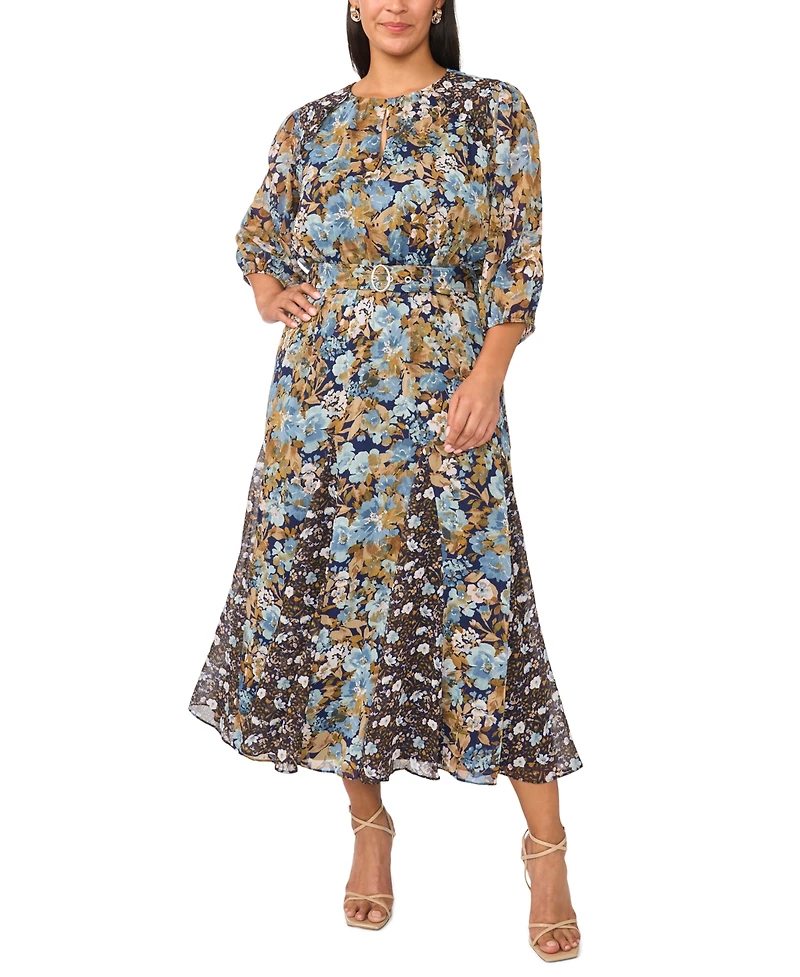 Msk Plus Size Keyhole 3/4-Sleeve Floral-Print Chiffon Maxi Dress