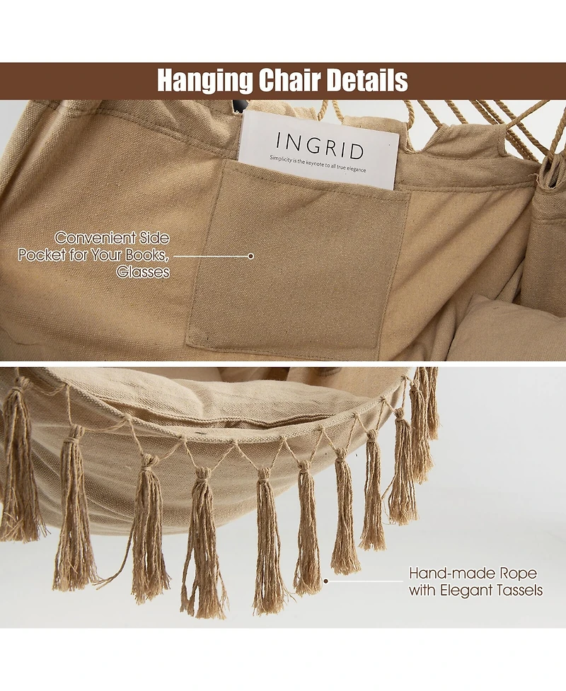 Gymax Hammock Chair w/ Soft Pillow Cushions Pocket Hanging Rope Swing Steel Bar Gray