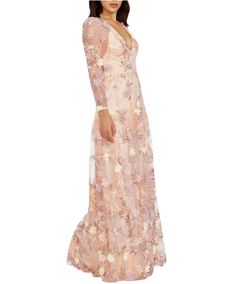 Dress The Population Women's Angelina Long Sleeve V-Neck Floral Fit and Flare Dress
