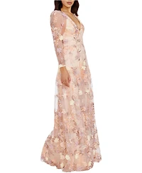 Dress The Population Women's Angelina Long Sleeve V-Neck Floral Fit and Flare Dress