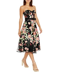 Dress The Population Women's Mabel Strapless Sweetheart Floral Midi Dress