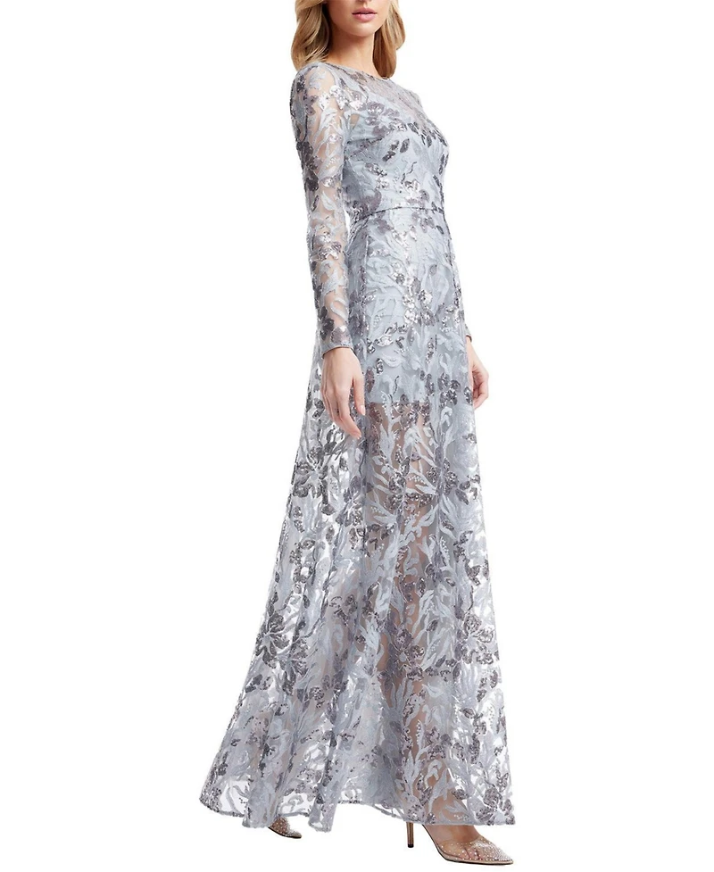 Dress The Population Women's Ava Long Sleeve Floral Sequin Gown