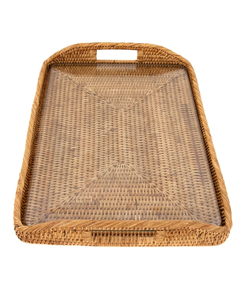 Artifacts Trading Company Rattan 14-Inch Rectangular Tray with Glass Insert