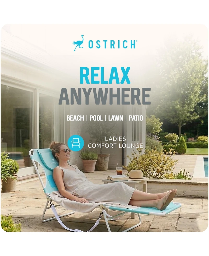 Ostrich The Ladies Comfort Lounger, Foldable Beach Pool Tanning Chair, Aqua