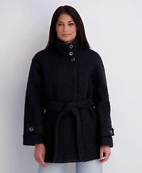 Kensie Women's Belted Faux Boucle Wool Jacket With Stand Collar
