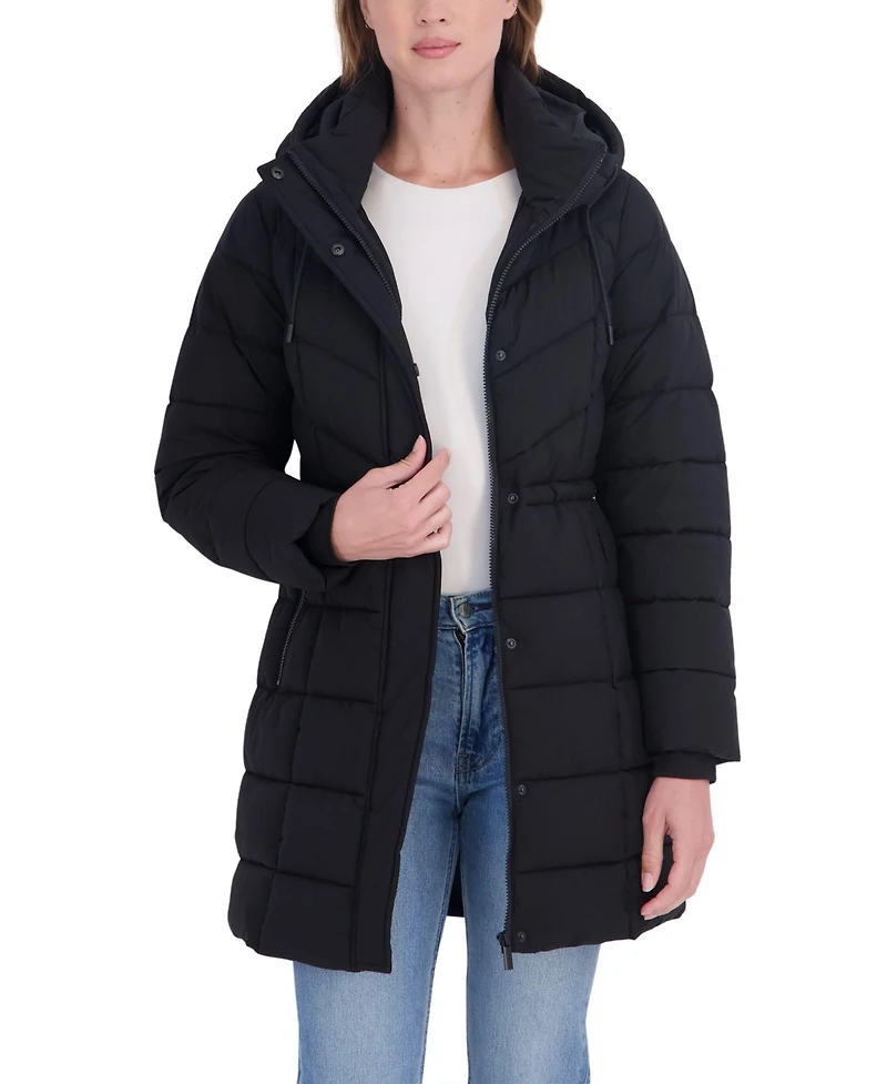 Sebby Collection Women's 3/4 Hooded Anorak Stretch Puffer Coat