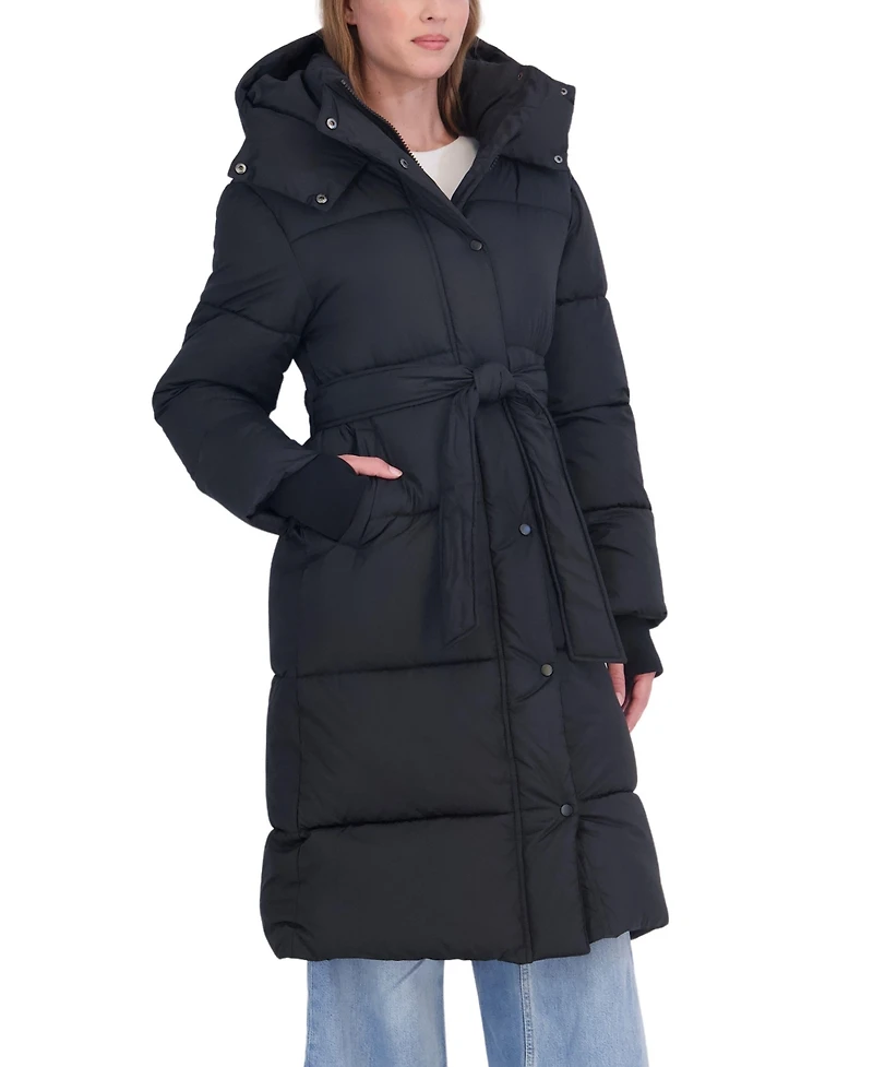 Sebby Collection Women's Long Hooded Belted Puffer Coat