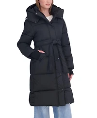 Sebby Collection Women's Long Hooded Belted Puffer Coat