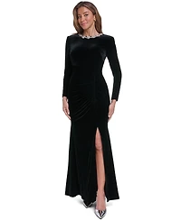 Eliza J Women's Long-Sleeve Embellished Jewel Neck Mermaid Velvet Gown