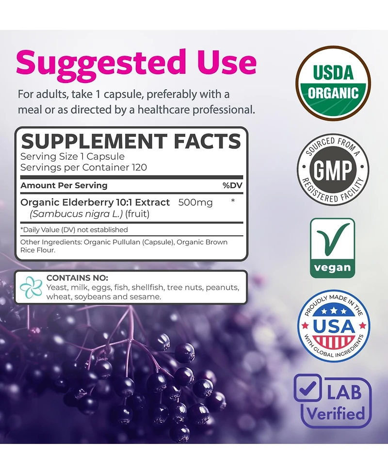 Pure Co Elderberry Extract Capsules, 10:1 Sambucus Nigra Extract, 5,000 Milligram Herbal Equivalent, 120 Capsules