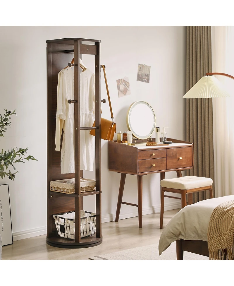 Phying Solid Rubberwood Rotating Full-Length Mirror Jewelry Armoire Cabinet with Multi-Functional Hooks and Storage Organizer, Freestanding