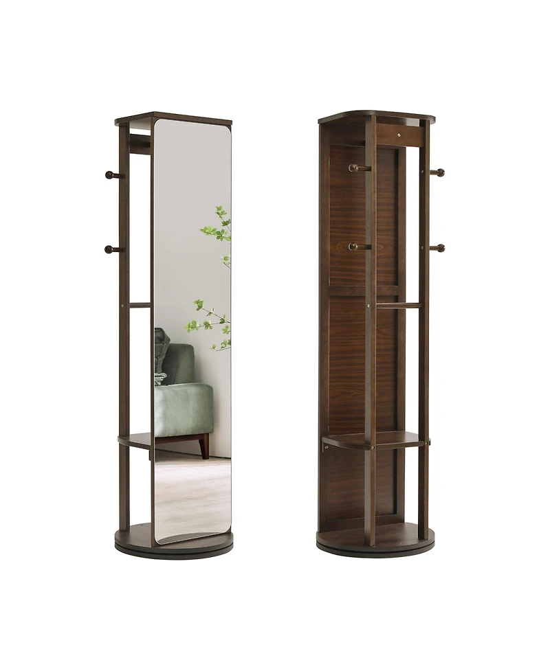 Phying Solid Rubberwood Rotating Full-Length Mirror Jewelry Armoire Cabinet with Multi-Functional Hooks and Storage Organizer, Freestanding
