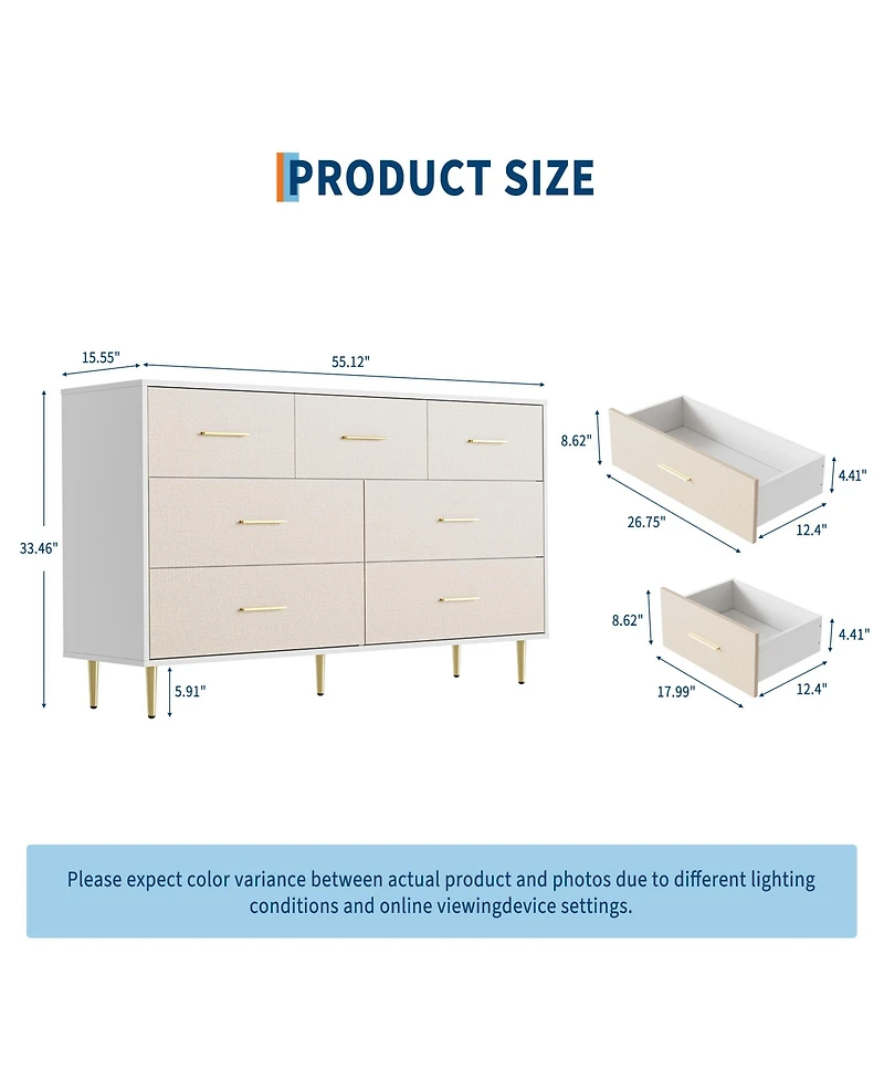 homfan Modern 7 Drawer Dresser for Bedroom, Wooden Dresser with Linen-Textured Surface, Narrow Accent Cabinet End Table for Living Room, Hallway