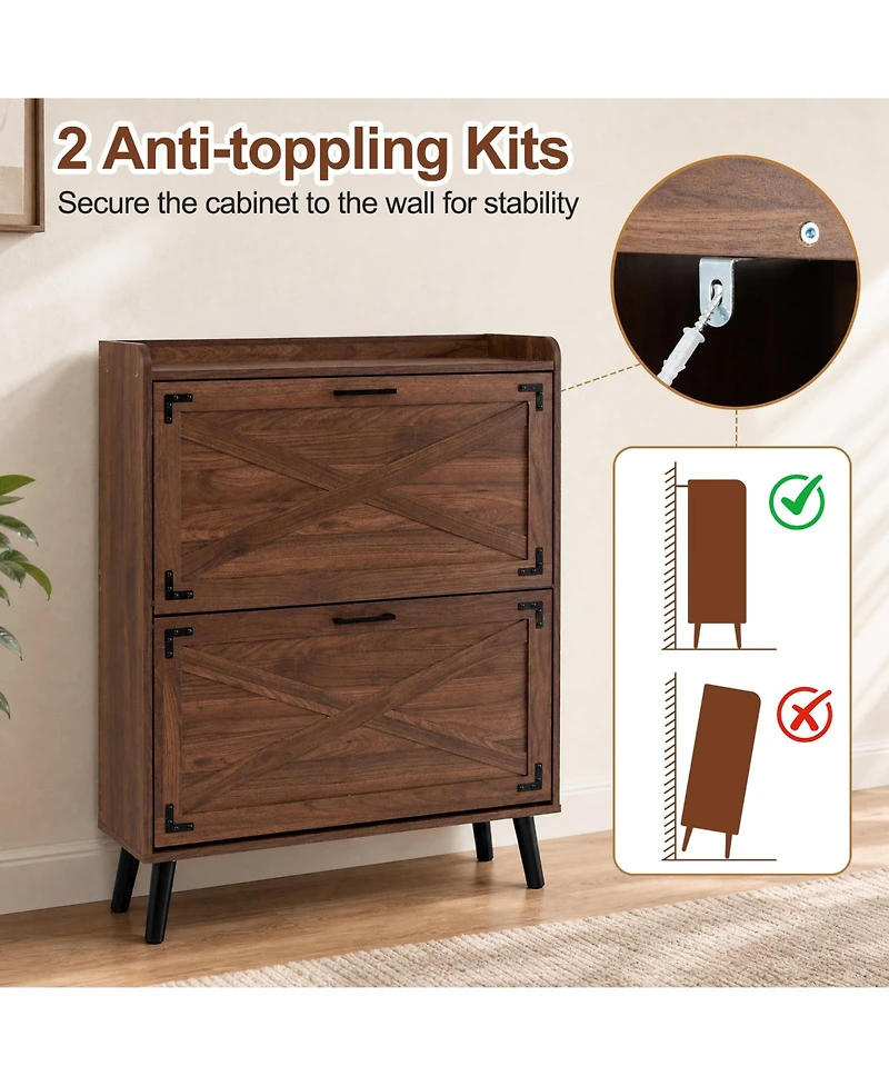Gymax Narrow Shoe Cabinet w/2 Flip Drawers Adjustable and Removable Shelves for Entryway