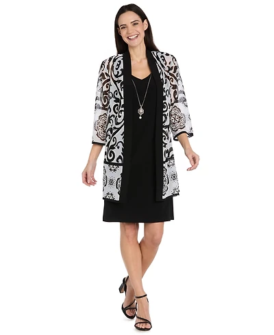 R & M Richards Women's Petite The Bianca V-Neck 3/4-Sleeve A-Line Dress and Jacket, 2-Piece Set