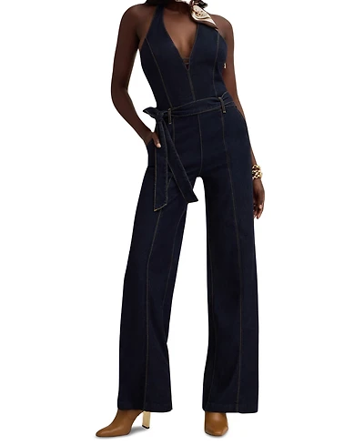 Guess Women's Emory Sleeveless Self-Tie Halter Denim Jumpsuit