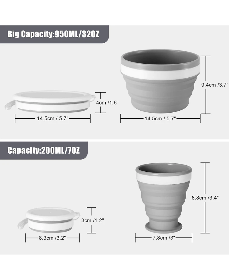 Piscifun Collapsible Silicone Cup Bowl Set Portable Camping Mess Kit With Stainless Steel Spork Lid For Hiking Travel
