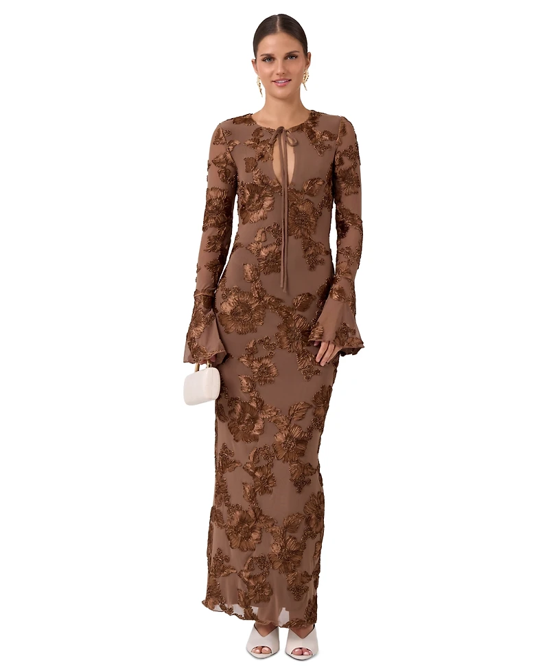 Rachel Roy Women's Juliet Soutache Midi Keyhole Floral Long-Sleeve Dress