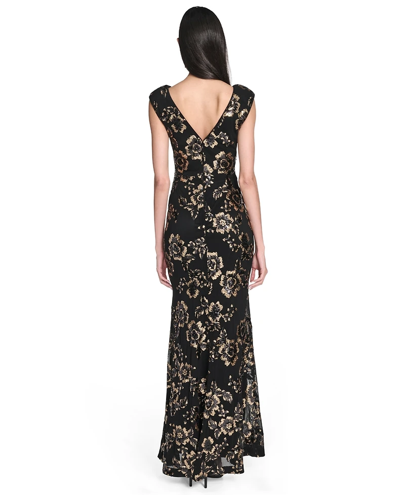 Eliza J Women's Floral-Print Sequined Boat Neck Gown